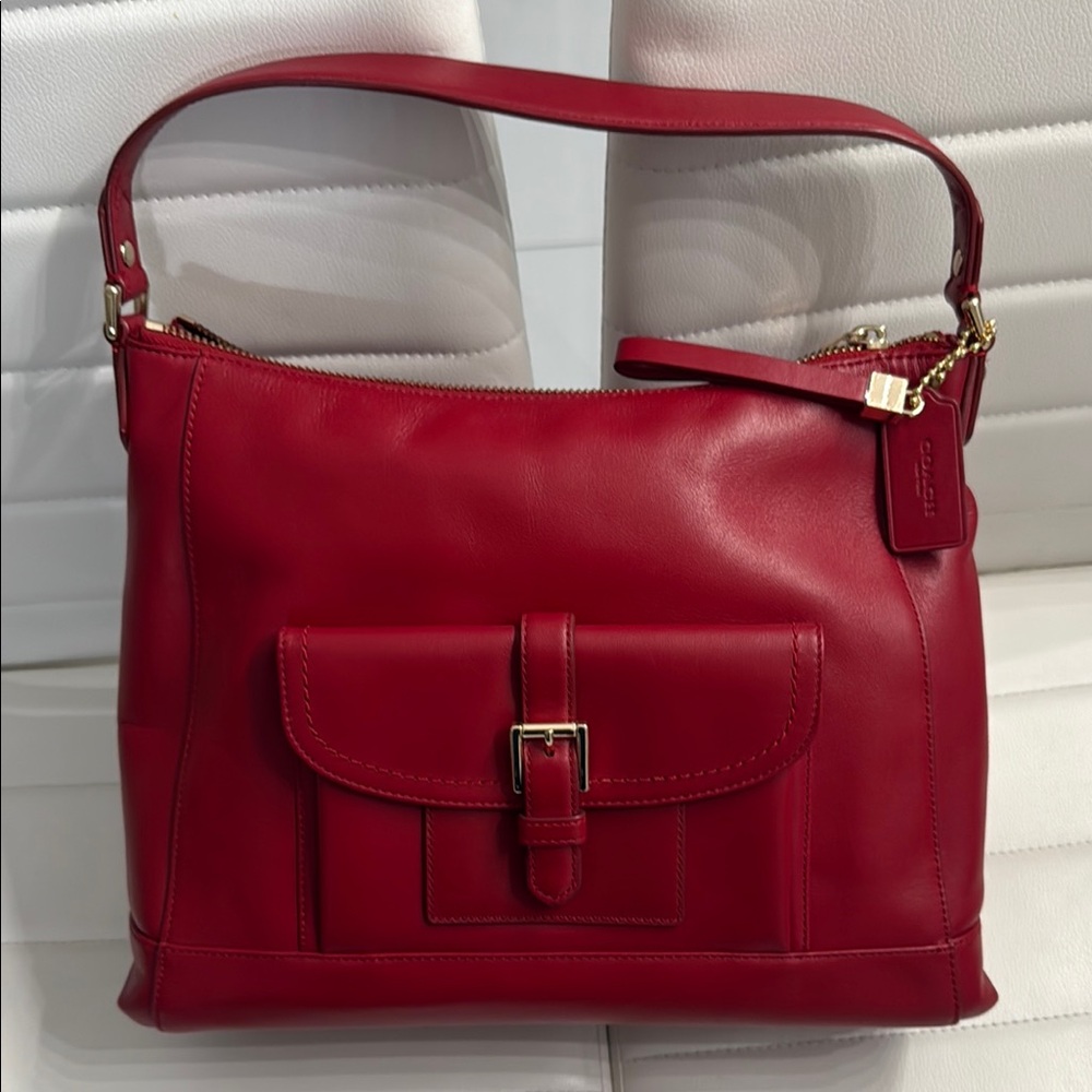 Coach Red Leather Shoulder Bag with Polished Finish